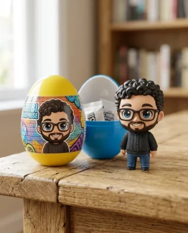 Surprise Egg Collectible Figurine Product Photography 1 — Nano Banana AI Prompt: The lighting is soft natural window light entering from the side, producing gent...