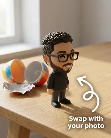 Surprise Egg Collectible Figurine Product Photography 3 — Nano Banana AI Prompt: Soft natural window light from the side producing gentle directional shadows and...
