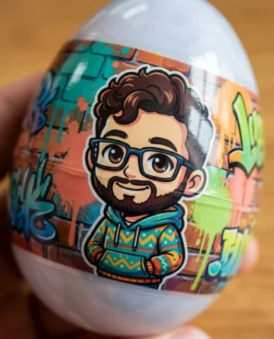 Surprise Egg Collectible Figurine Product Photography 6 — Nano Banana AI Prompt: The small toy capsule from inside the egg is popped open, and the chibi figurin...