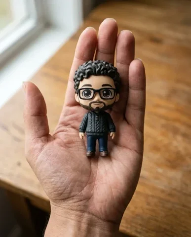 Surprise Egg Collectible Figurine Product Photography 7 — Nano Banana AI Prompt: The center figurine is the main character — large head with short curly dark hai...
