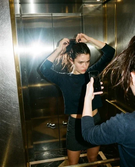 Late-Night Elevator Mirror Selfie Portrait 6
