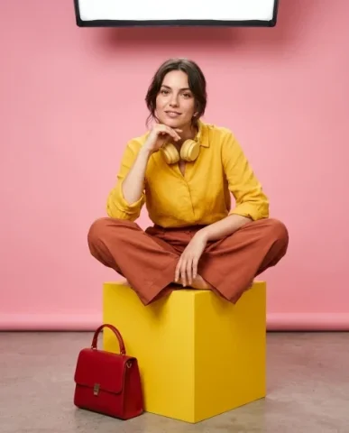 Vibrant Three-Panel Editorial Collage 6 — Nano Banana AI Prompt: The cherry-red structured handbag sits on the floor beside the yellow cube. Prof...