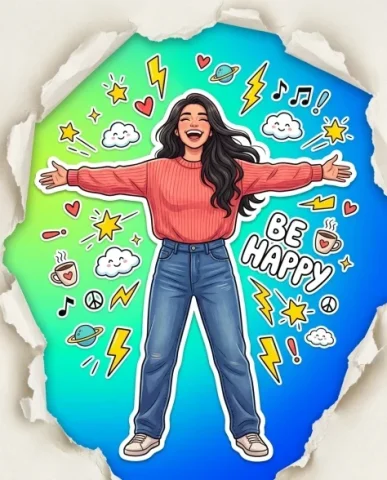 Vibrant Sticker Art Portrait Illustration 3 — Nano Banana AI Prompt: Soft even lighting on a full-body view of a young woman with long dark wavy hair...