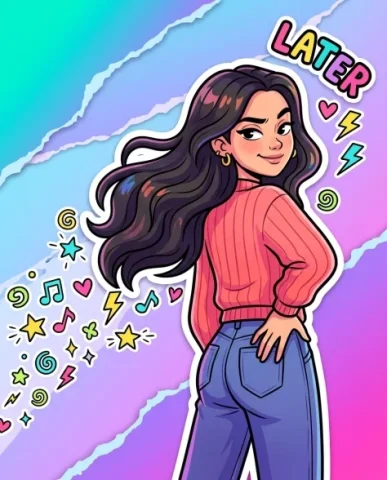 Vibrant Sticker Art Portrait Illustration 5 — Nano Banana AI Prompt: Soft even lighting on a three-quarter back view of a young woman with long dark...