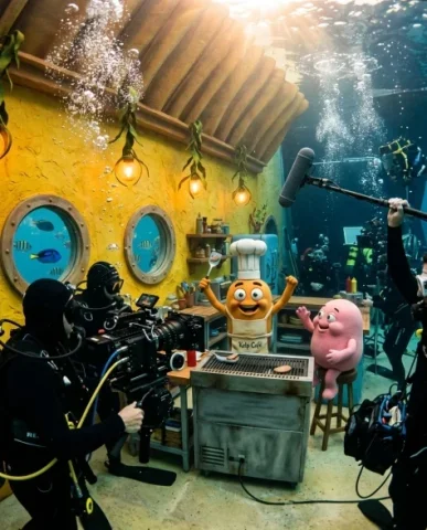 Behind-the-Scenes Underwater Cartoon Film Set 1 — Nano Banana AI Prompt: The camera captures the entire set from a wide angle — a hyperrealistic cartoon...