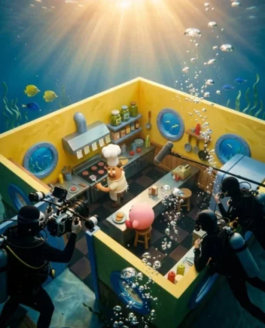 Behind-the-Scenes Underwater Cartoon Film Set 5 — Nano Banana AI Prompt: The ceiling of the set has been partially removed or opened for this shot, revea...