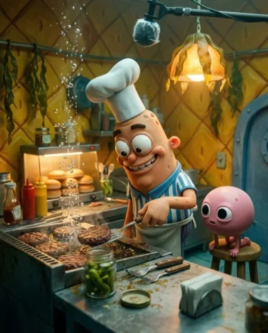Behind-the-Scenes Underwater Cartoon Film Set 6 — Nano Banana AI Prompt: The fry cook — a perfect 3D animated figure with rubbery skin texture, exaggerat...