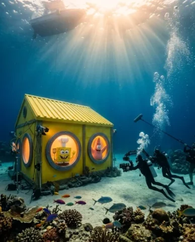 Behind-the-Scenes Underwater Cartoon Film Set 7 — Nano Banana AI Prompt: The entire practical set of the cartoon restaurant kitchen is visible as a const...