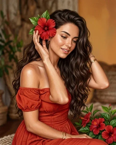 Romantic Digital Portrait with Tropical Flowers 2
