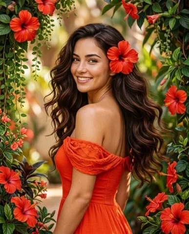 Romantic Digital Portrait with Tropical Flowers 7 — Nano Banana AI Prompt: The large tropical hibiscus bloom in deep scarlet is visible in her hair from th...