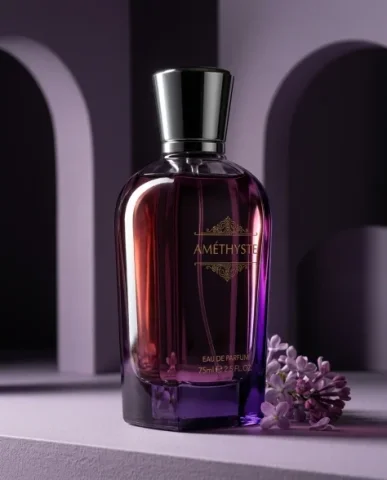 Premium Perfume Bottle Commercial Product Photography 4 — Nano Banana AI Prompt: Ultra-realistic top-down product photograph of a luxury perfume bottle lying on...