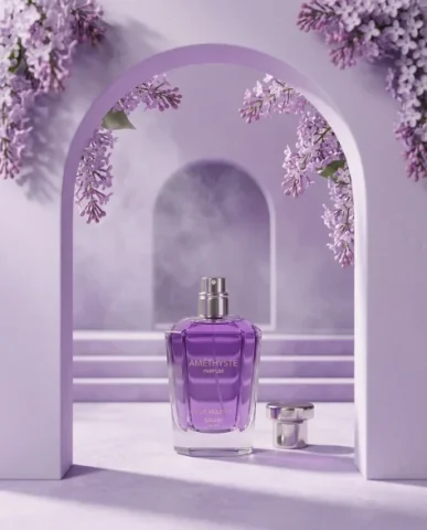 Premium Perfume Bottle Commercial Product Photography 6 — Nano Banana AI Prompt: The monochromatic purple range shifts from warm amethyst in the lit areas to coo...