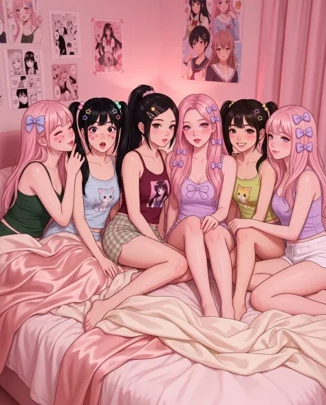Kawaii Pastel Anime Sleepover Group Portrait 1