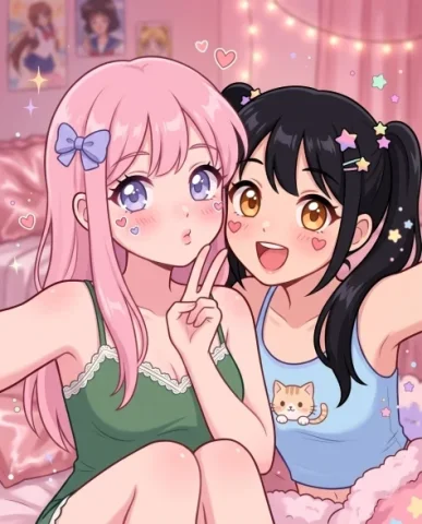 Kawaii Pastel Anime Sleepover Group Portrait 2 — Nano Banana AI Prompt: An ultra-detailed group photograph rendered in kawaii pastel aesthetic with anim...