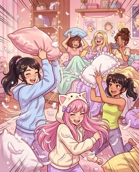 Kawaii Pastel Anime Sleepover Group Portrait 3