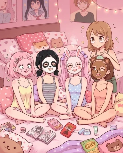 Kawaii Pastel Anime Sleepover Group Portrait 5