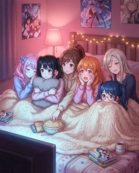 Kawaii Pastel Anime Sleepover Group Portrait 6
