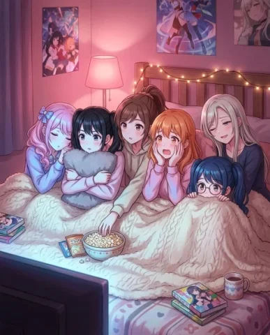 Kawaii Pastel Anime Sleepover Group Portrait 6 — Nano Banana AI Prompt: Scattered between the outfits: a couple of manga volumes with colorful covers, s...