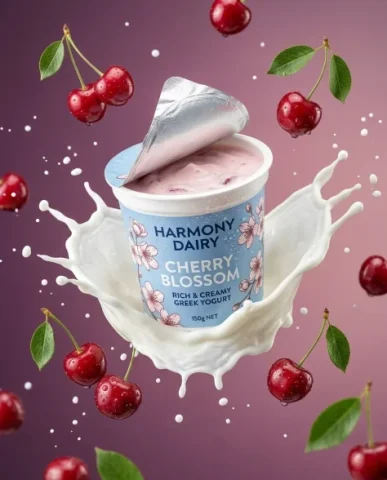 Dynamic Dairy Product Photography with Fruit Splash 1 — Nano Banana AI Prompt: The cup features clean white and soft cerulean-blue packaging with hand-illustra...