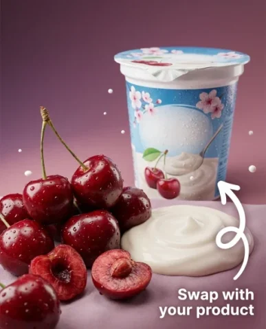 Dynamic Dairy Product Photography with Fruit Splash 3 — Nano Banana AI Prompt: High-end commercial product photograph of a cherry yogurt cup from a dramatic si...