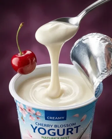 Dynamic Dairy Product Photography with Fruit Splash 4 — Nano Banana AI Prompt: Extreme close-up product photograph. A spoon lifts a thick strand of smooth crea...