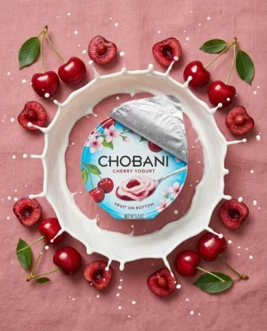 Dynamic Dairy Product Photography with Fruit Splash 5 — Nano Banana AI Prompt: The white and cerulean-blue packaging with cherry blossom graphics is visible on...