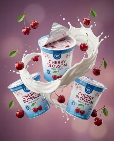 Dynamic Dairy Product Photography with Fruit Splash 6 — Nano Banana AI Prompt: Top-down product photograph looking straight down at the cherry yogurt cup. The...