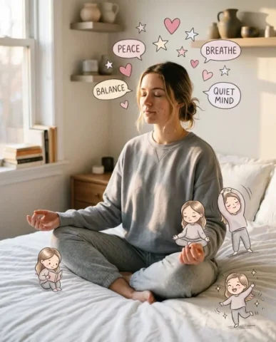 Cozy Meditation Scene with Chibi Self Doodles 2 — Nano Banana AI Prompt: Scattered around her on the bedspread are four tiny cute chibi versions of herse...