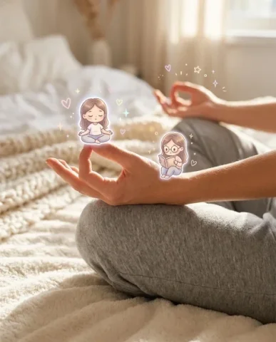 Cozy Meditation Scene with Chibi Self Doodles 4 — Nano Banana AI Prompt: Elevated view of a woman meditating on a bed surrounded by four tiny illustrated...