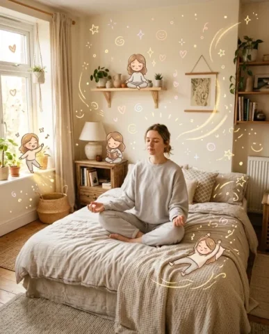 Cozy Meditation Scene with Chibi Self Doodles 7 — Nano Banana AI Prompt: Three-quarter portrait of a woman gently smiling as she opens her eyes from medi...