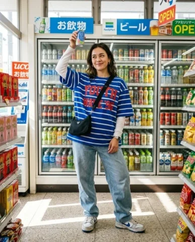 Convenience Store Street Fashion Photo 1 — Nano Banana AI Prompt: She wears an oversized horizontally striped cobalt-blue and white t-shirt featur...