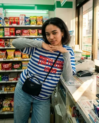 Convenience Store Street Fashion Photo 3 — Nano Banana AI Prompt: She faces the camera directly with a confident half-smile and slightly narrowed...