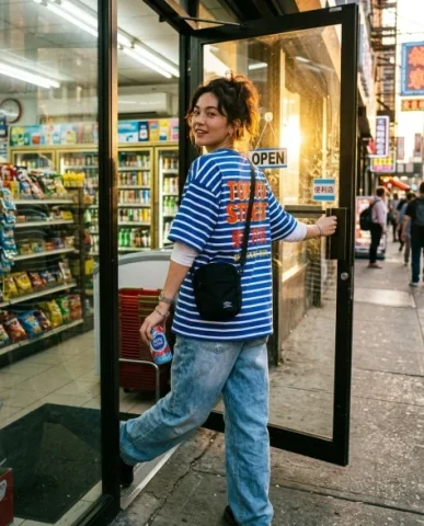 Convenience Store Street Fashion Photo 7 — Nano Banana AI Prompt: She is silhouetted from behind by the intense warm golden light streaming throug...