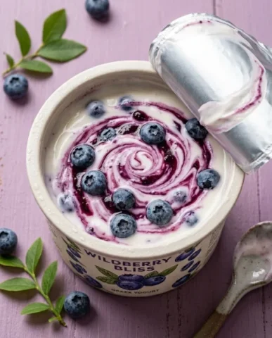 Dynamic Blueberry Yogurt Product Photography 4 — Nano Banana AI Prompt: The foil lid is fully peeled back and curled to the side, the metallic surface c...