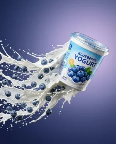 Dynamic Blueberry Yogurt Product Photography 5 — Nano Banana AI Prompt: High-end commercial product photograph from a side angle. The blueberry yogurt c...