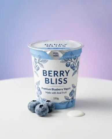 Dynamic Blueberry Yogurt Product Photography 7 — Nano Banana AI Prompt: High-end minimal product photograph. A single blueberry yogurt cup perfectly cen...