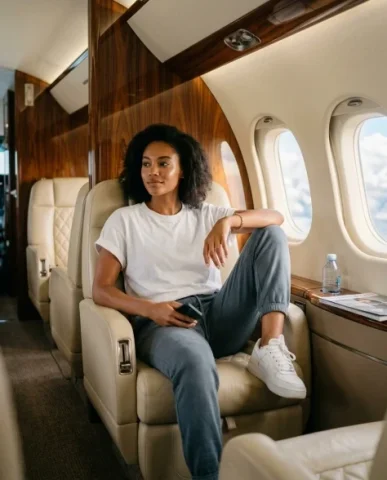 Luxury Private Jet Cabin Lifestyle Portrait 1 — Nano Banana AI Prompt: The overall style is ultra-realistic editorial fashion photography. Avoid any te...