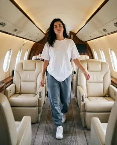 Luxury Private Jet Cabin Lifestyle Portrait 4 — Nano Banana AI Prompt: The oversized white cotton t-shirt drapes naturally as she twists toward the win...