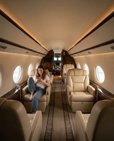 Luxury Private Jet Cabin Lifestyle Portrait 7 — Nano Banana AI Prompt: The same young woman walking through the private jet cabin aisle toward the came...