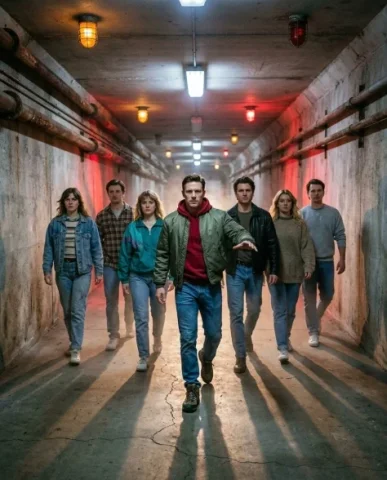 Sci-Fi Bunker Action Selfie with Group 3 — Nano Banana AI Prompt: He wears the rugged olive-drab bomber jacket over the faded crimson varsity hood...