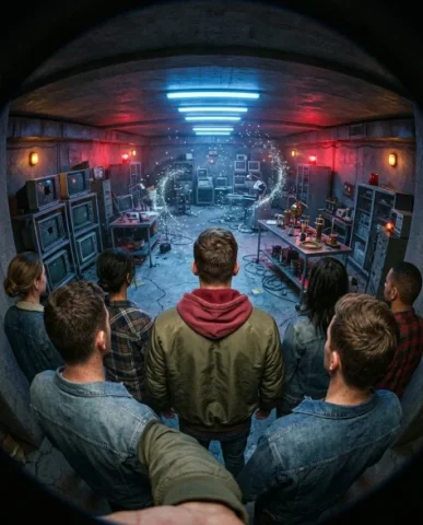 Sci-Fi Bunker Action Selfie with Group 5 — Nano Banana AI Prompt: The man's hand in the foreground grips an old diagnostic tool — a bulky handheld...