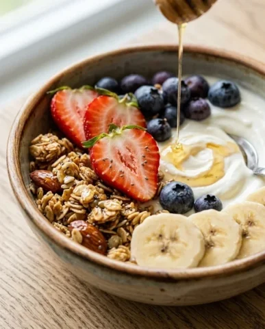 Modern Fitness Lifestyle Split Composition Poster 3 — Nano Banana AI Prompt: An extreme macro close-up of the healthy breakfast bowl on the light oak wooden...