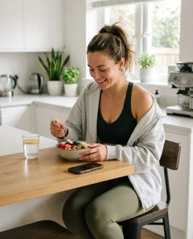 Modern Fitness Lifestyle Split Composition Poster 7 — Nano Banana AI Prompt: The oak table grain provides a warm natural backdrop. Each ingredient is lit by...