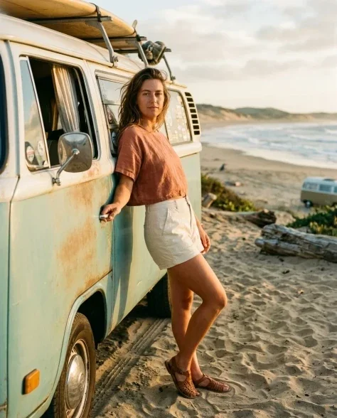 Cinematic Beach Vintage Van Portrait 1