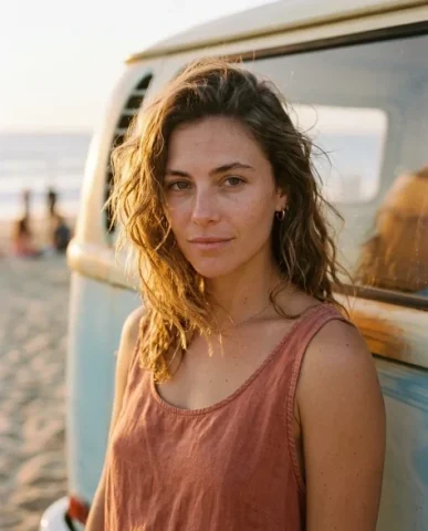 Cinematic Beach Vintage Van Portrait 4 — Nano Banana AI Prompt: The sky is a gradient of deep gold at the horizon transitioning through coral an...
