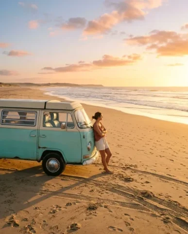Cinematic Beach Vintage Van Portrait 6 — Nano Banana AI Prompt: The van's open rear doors frame her — the dim interior visible behind showing a...