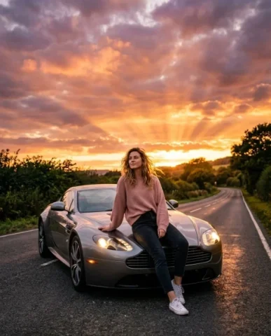 Cinematic Sunset Sports Car Lifestyle Portrait 1 — Nano Banana AI Prompt: The sky is the hero — billowing clouds painted in gradients of deep amber, burnt...