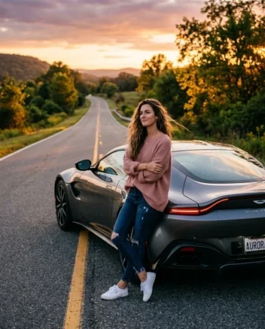 Cinematic Sunset Sports Car Lifestyle Portrait 2 — Nano Banana AI Prompt: She leans her back against the closed door with her arms loosely crossed over he...