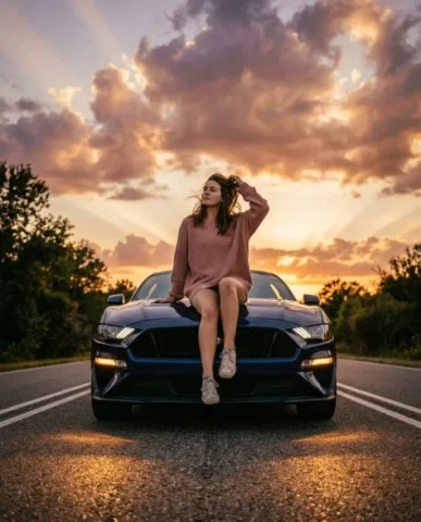 Cinematic Sunset Sports Car Lifestyle Portrait 3 — Nano Banana AI Prompt: She wears an oversized soft blush-rose sweater with a relaxed slouchy fit. Her e...