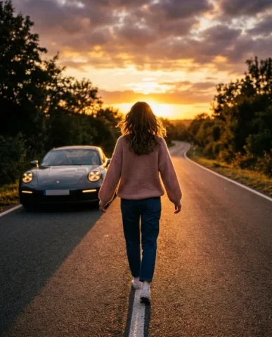 Cinematic Sunset Sports Car Lifestyle Portrait 7 — Nano Banana AI Prompt: The road stretches ahead of her toward the horizon where the sun sits just above...